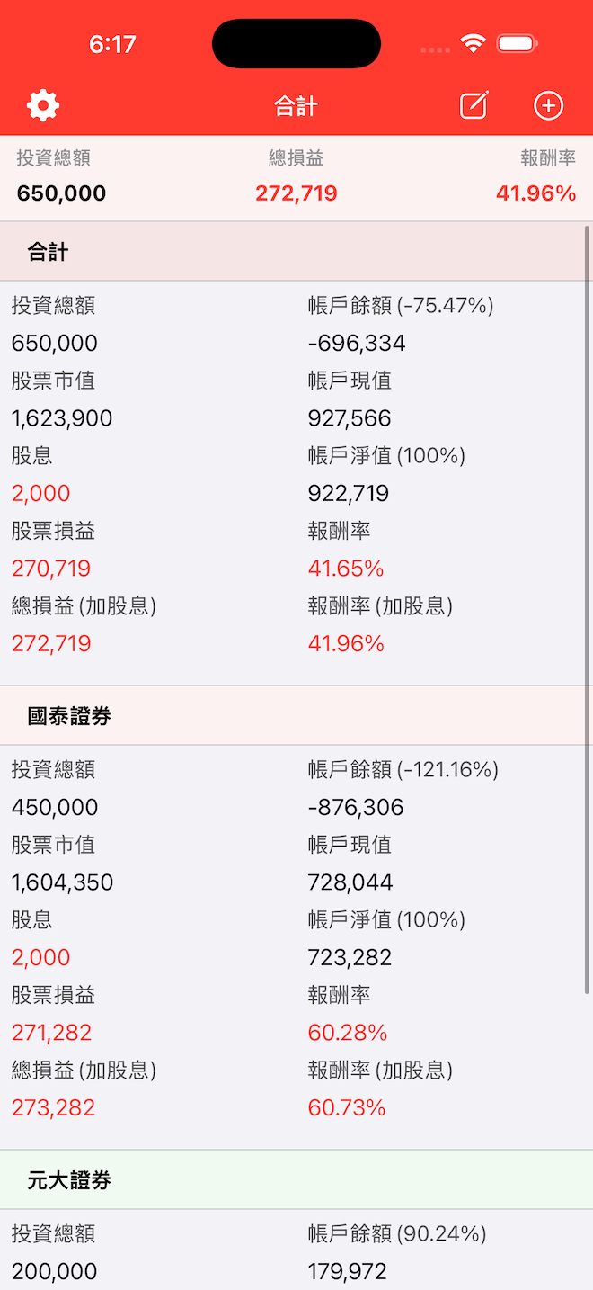 主要投資帳戶總覽畫面